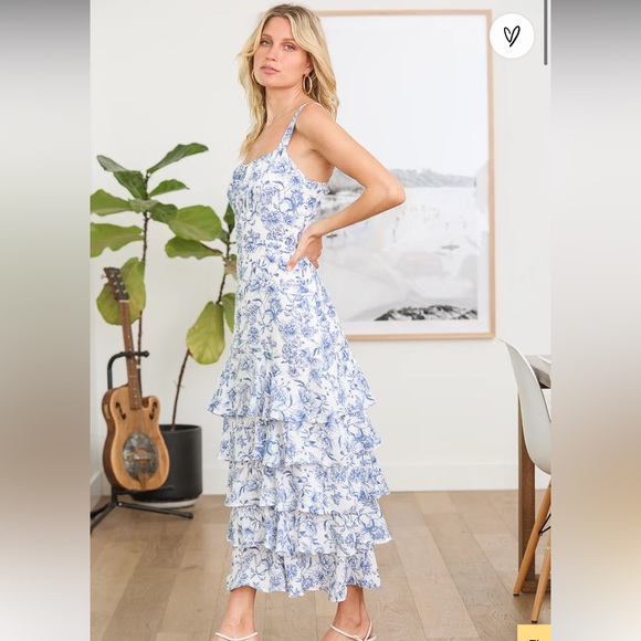 Lulus Dresses & Skirts - Lulu's For the Frill of It White Floral Print Ruffled Maxi Dress / Size Small